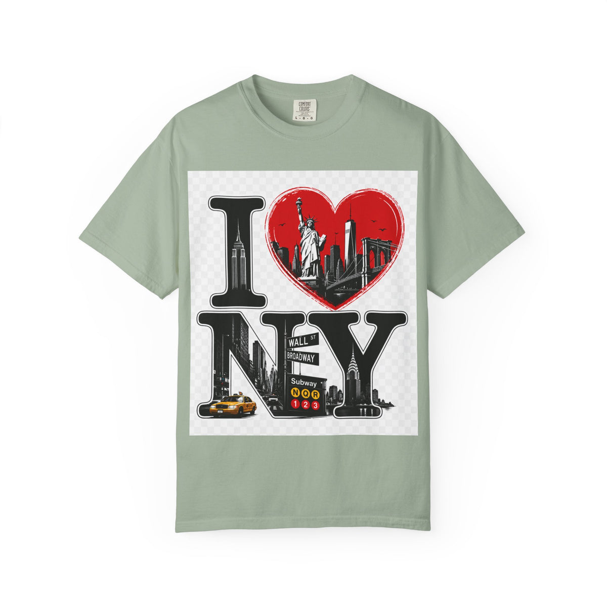 I  NY Skyline T-Shirt — New York City Souvenir Tee with Statue of Liberty & Taxi Design