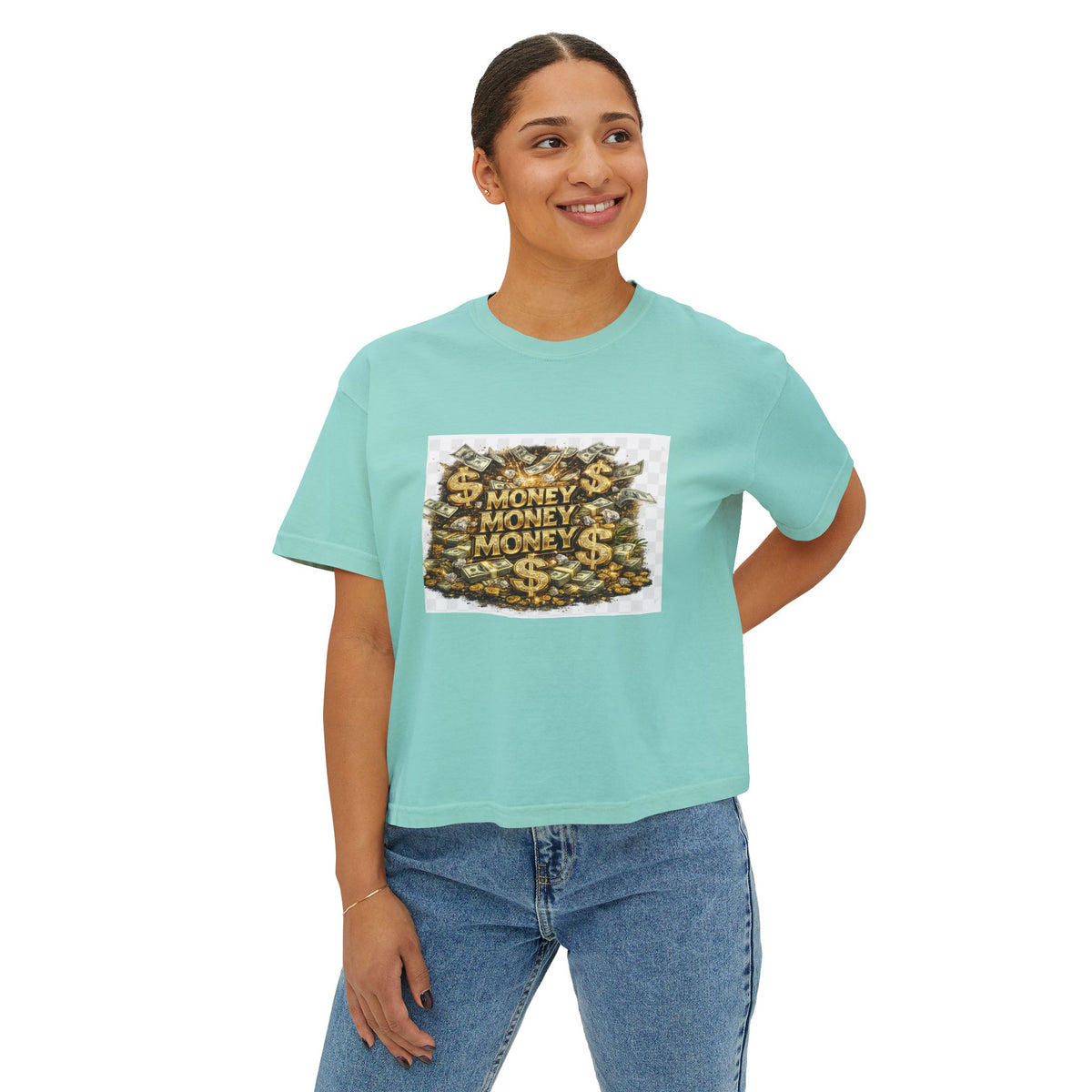 Money Stack Women's Boxy Tee — Graphic 'MONEY' Dollar Sign Design