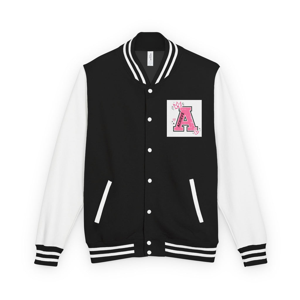 Achieve Varsity Jacket — Pink Letterman Jacket with 'Achieve' Back Design