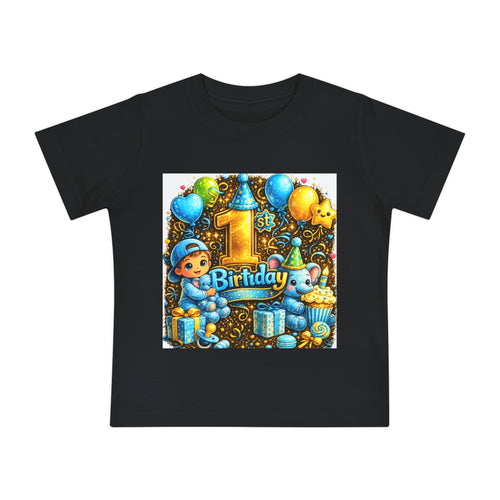 1st Birthday Baby T-Shirt — Blue Balloons & Cake First Birthday Tee