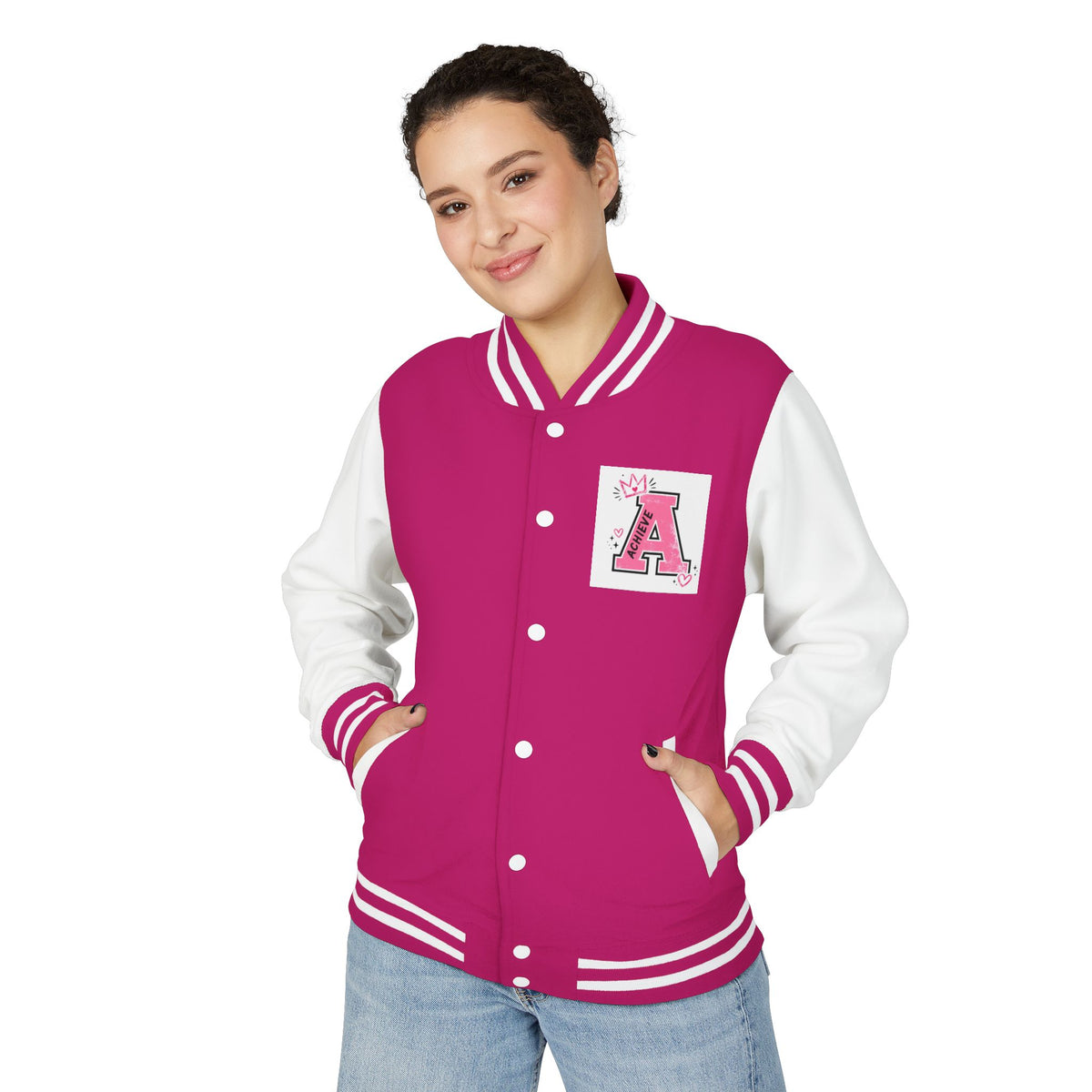 Achieve Varsity Jacket — Pink Letterman Jacket with 'Achieve' Back Design